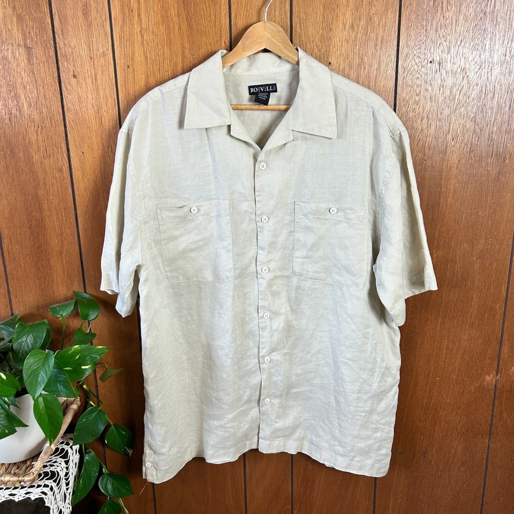 Vintage‎ ROEVELLE Mens Linen Button Up Short Sleeve Shirt Beige Size L